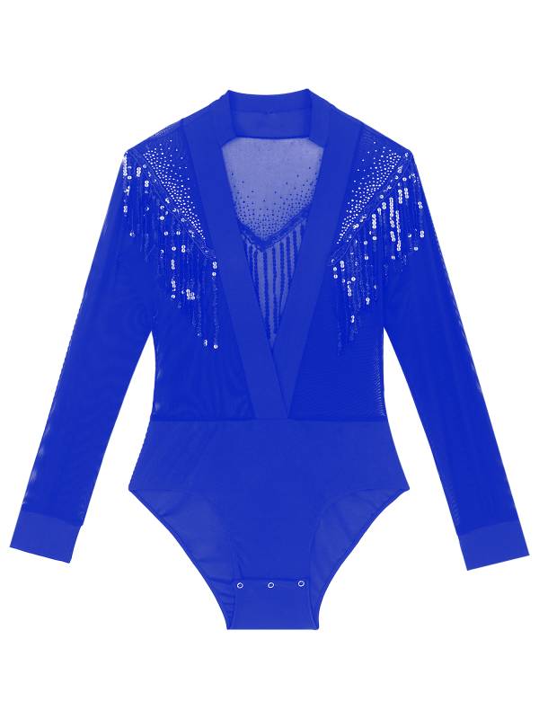 Men Long Sleeve Deep V-neck Mesh Sequined Tassels Latin Dance Leotard thumb