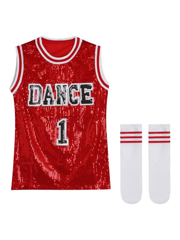 Kids Girls Sparkly Sequins Sleeveless Dress with Socks for Hip-Hop Jazz Dance thumb