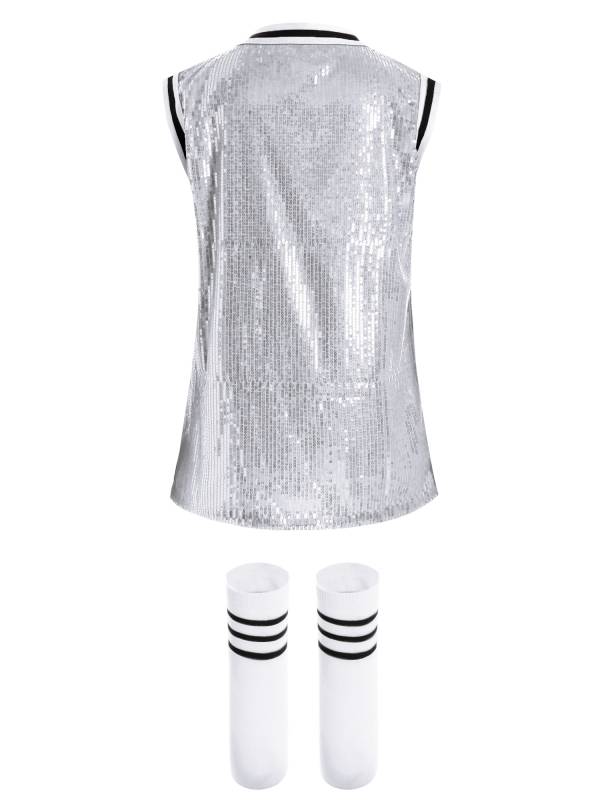 Kids Girls Sparkly Sequins Sleeveless Dress with Socks for Hip-Hop Jazz Dance thumb
