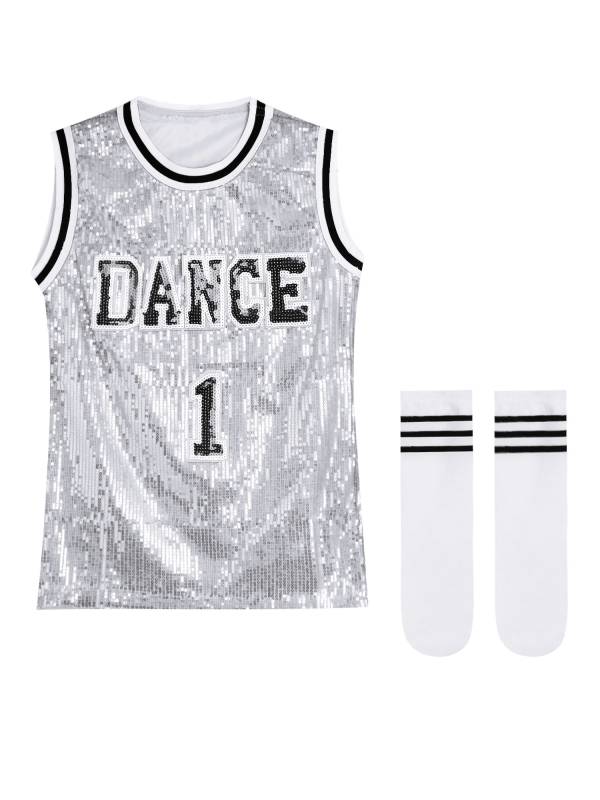Kids Girls Sparkly Sequins Sleeveless Dress with Socks for Hip-Hop Jazz Dance thumb
