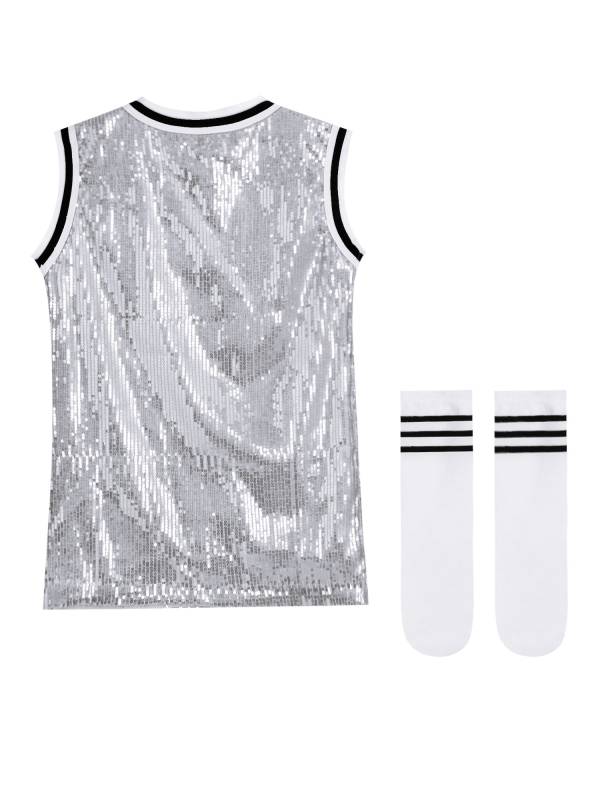 Kids Girls Sparkly Sequins Sleeveless Dress with Socks for Hip-Hop Jazz Dance thumb