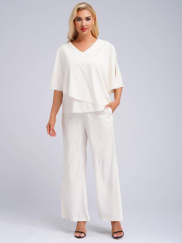 Women 2pcs Half Sleeve V-neck Tops and Pants Set for Party thumb