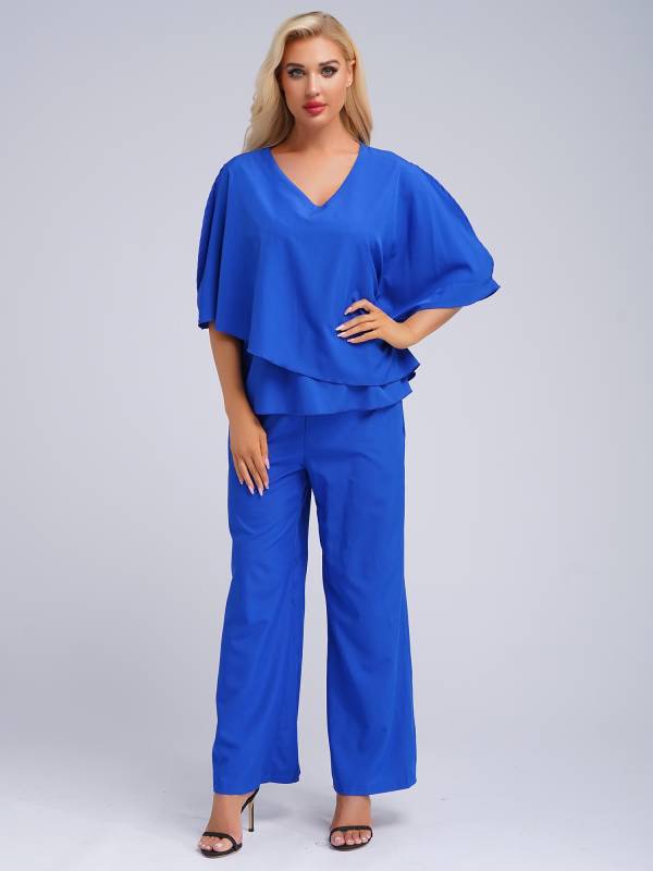 Women 2pcs Half Sleeve V-neck Tops and Pants Set for Party thumb