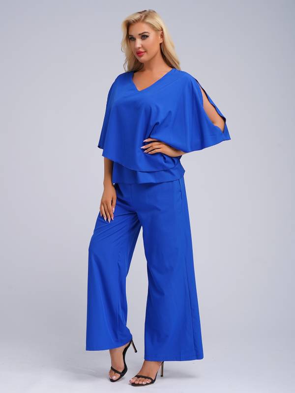 Women 2pcs Half Sleeve V-neck Tops and Pants Set for Party thumb