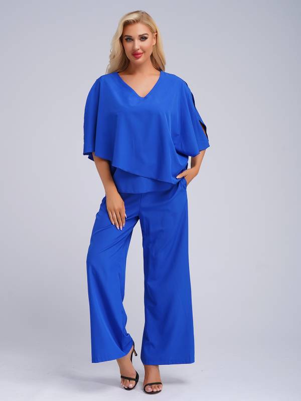 Women 2pcs Half Sleeve V-neck Tops and Pants Set for Party thumb