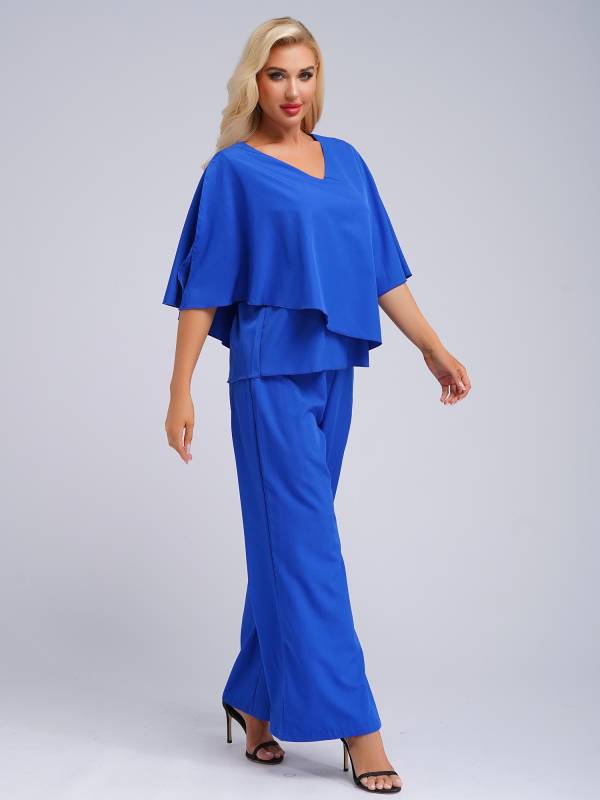 Women 2pcs Half Sleeve V-neck Tops and Pants Set for Party thumb