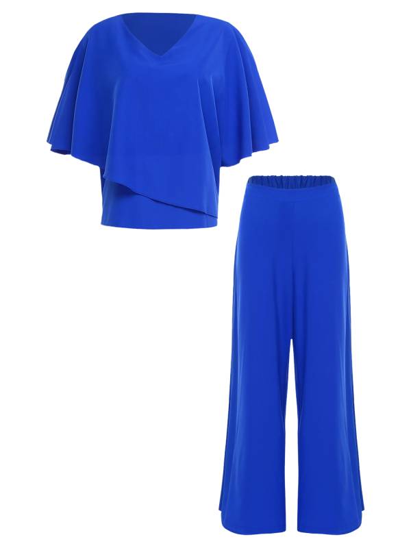 Women 2pcs Half Sleeve V-neck Tops and Pants Set for Party thumb