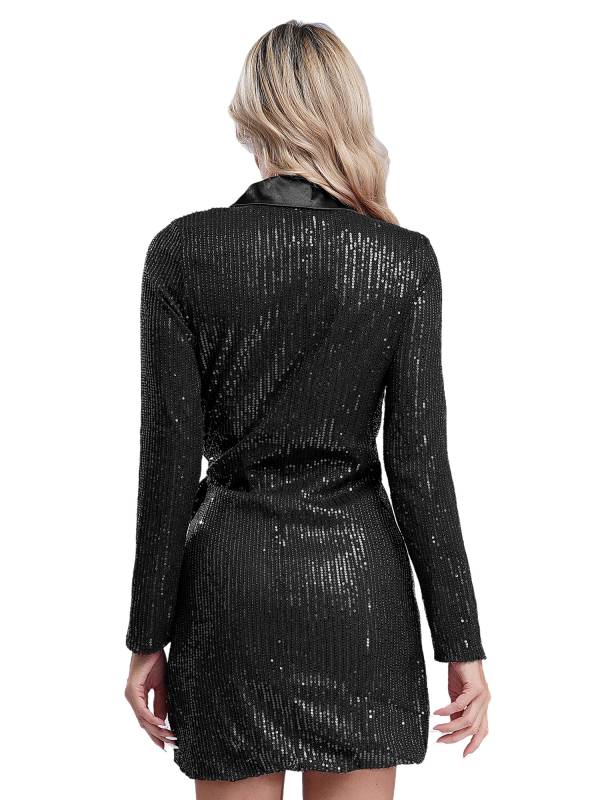 Women Long Sleeve V-neck Sequin Cocktail Dress thumb