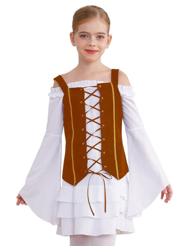 Girls 2pcs Long Sleeve Ruffle Dress and Suede Vest Halloween Pirate Costume Sets thumb