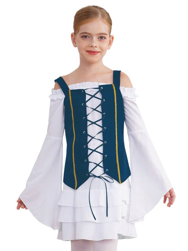 Girls 2pcs Long Sleeve Ruffle Dress and Suede Vest Halloween Pirate Costume Sets thumb