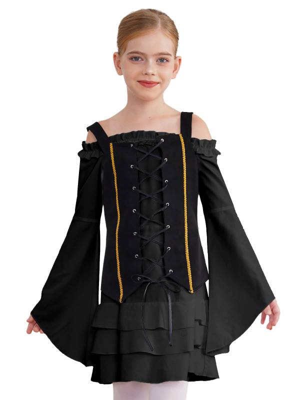 Girls 2pcs Long Sleeve Ruffle Dress and Suede Vest Halloween Pirate Costume Sets thumb