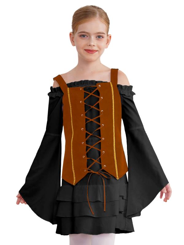 Girls 2pcs Long Sleeve Ruffle Dress and Suede Vest Halloween Pirate Costume Sets thumb