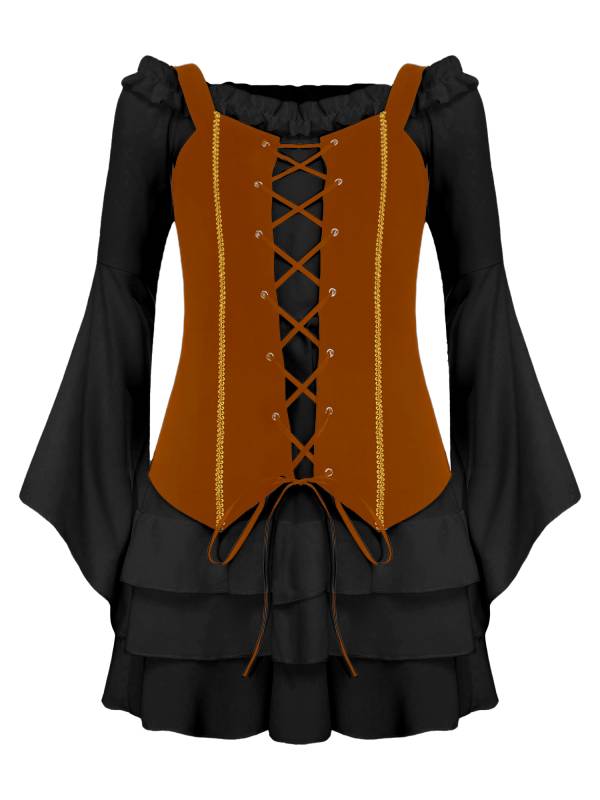 Girls 2pcs Long Sleeve Ruffle Dress and Suede Vest Halloween Pirate Costume Sets thumb