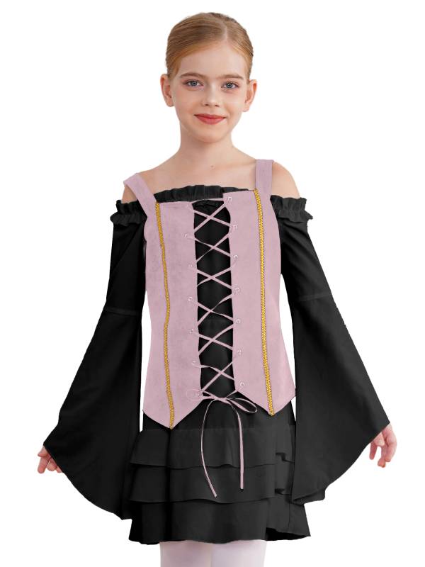 Girls 2pcs Long Sleeve Ruffle Dress and Suede Vest Halloween Pirate Costume Sets thumb