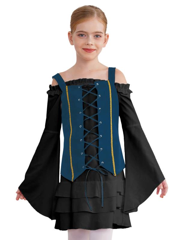 Girls 2pcs Long Sleeve Ruffle Dress and Suede Vest Halloween Pirate Costume Sets thumb