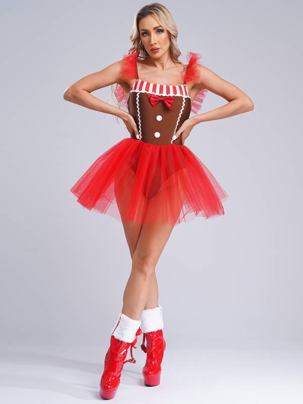 Women Christmas Gingerbread Flutter Sleeve Bowknot Striped Mesh Tutu Dress thumb
