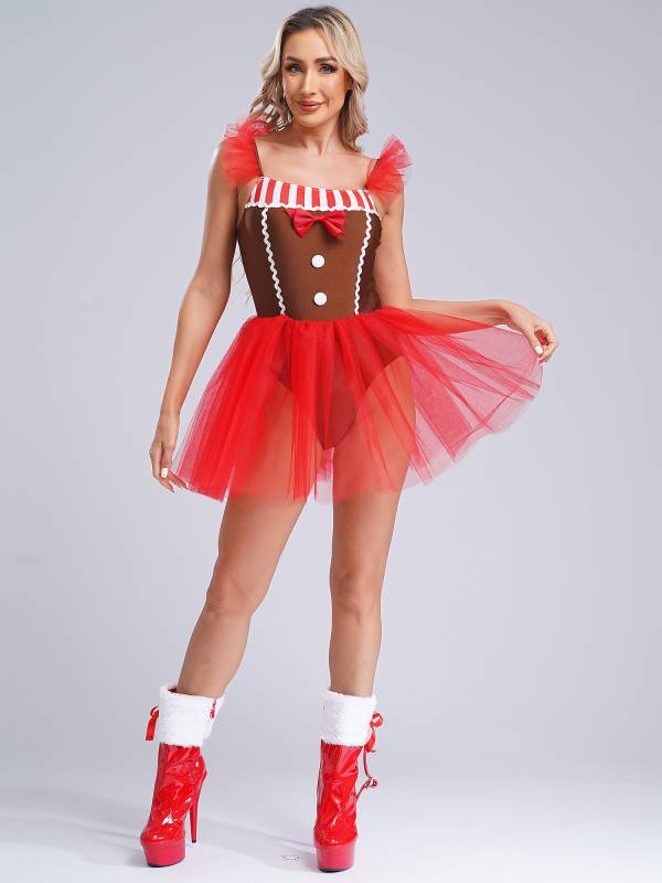 Women Christmas Gingerbread Flutter Sleeve Bowknot Striped Mesh Tutu Dress thumb