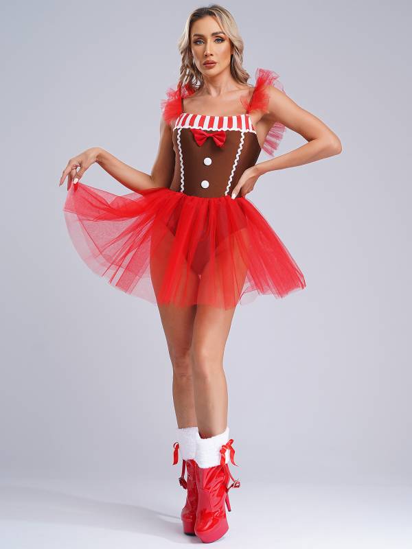 Women Christmas Gingerbread Flutter Sleeve Bowknot Striped Mesh Tutu Dress thumb