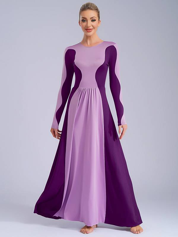 Women Long Sleeve Color Block Liturgical Worship Dance Dress thumb