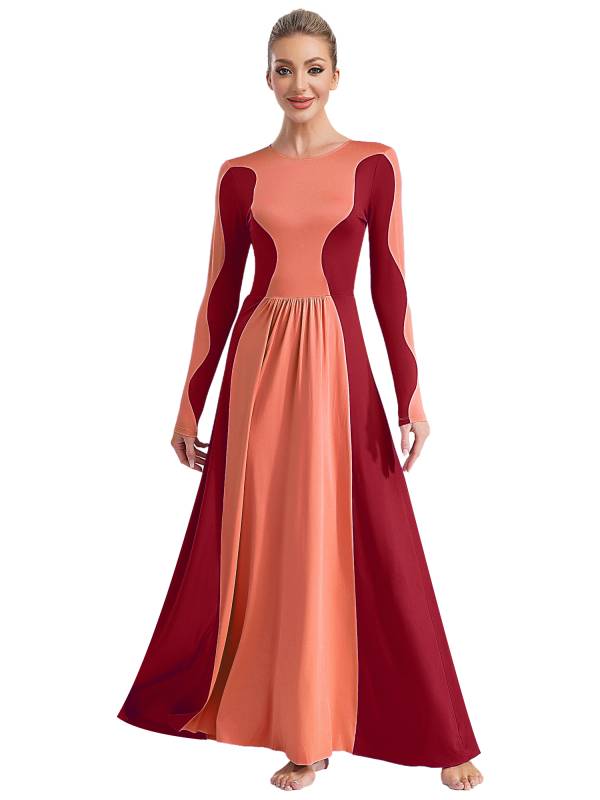 Women Long Sleeve Color Block Liturgical Worship Dance Dress thumb