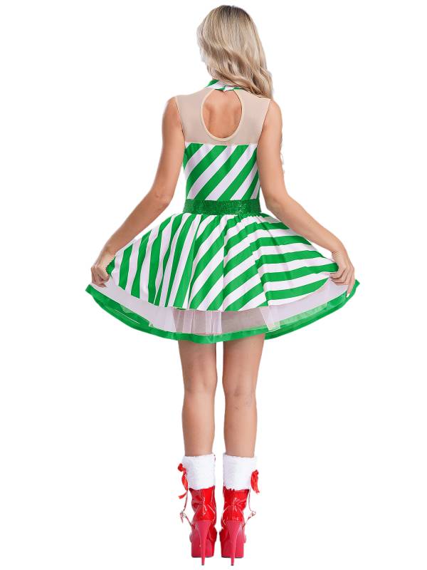 Women Christmas Candy Cane Costume Sleeveless Sequins Striped Tutu Dress thumb