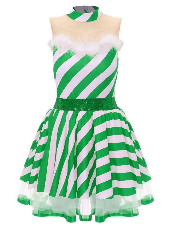 Women Christmas Candy Cane Costume Sleeveless Sequins Striped Tutu Dress thumb