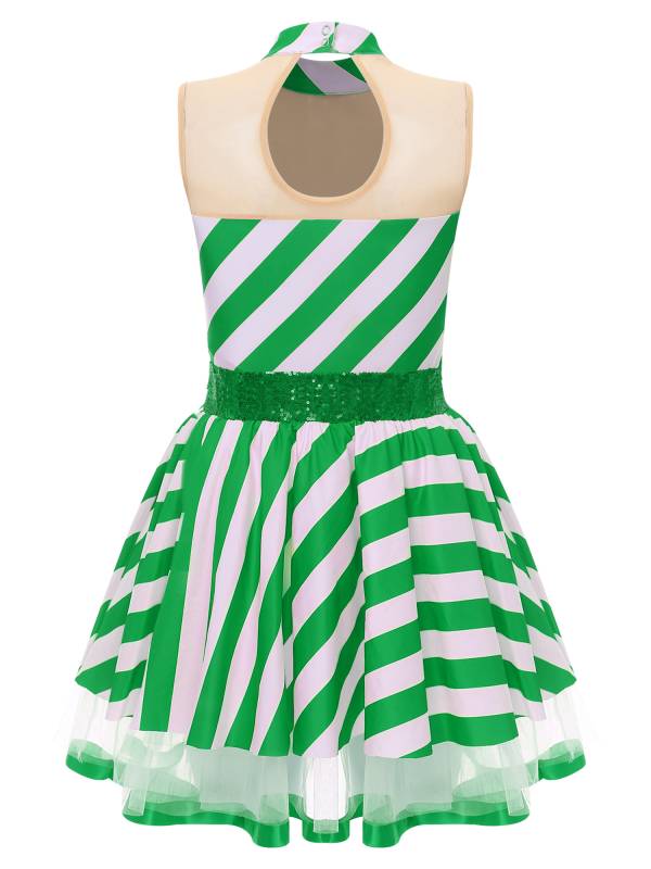 Women Christmas Candy Cane Costume Sleeveless Sequins Striped Tutu Dress thumb