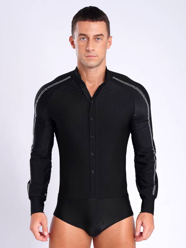 Men Long Sleeve Stand Collar Front Button Rhinestones Latin Dance Leotard thumb