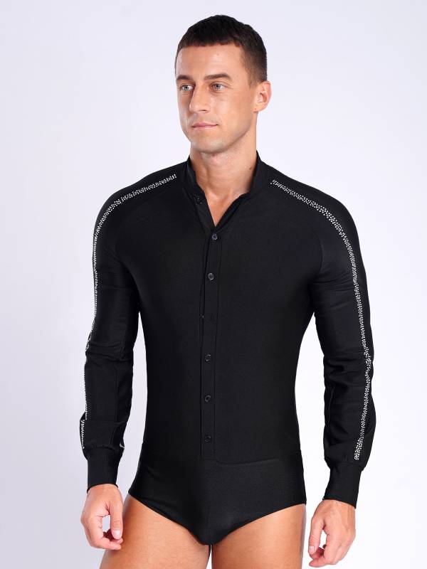 Men Long Sleeve Stand Collar Front Button Rhinestones Latin Dance Leotard thumb