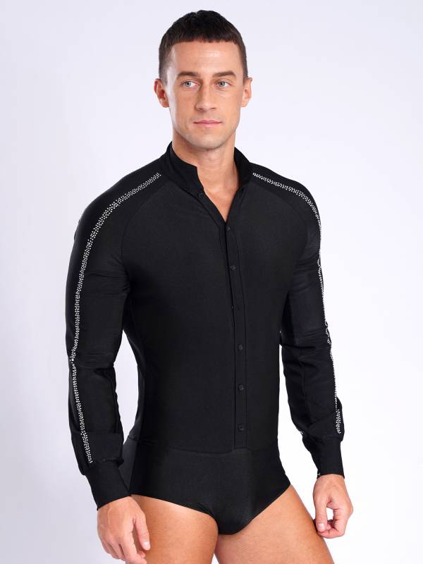 Men Long Sleeve Stand Collar Front Button Rhinestones Latin Dance Leotard thumb
