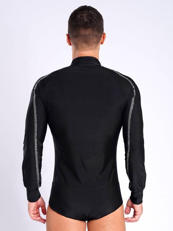 Men Long Sleeve Stand Collar Front Button Rhinestones Latin Dance Leotard thumb