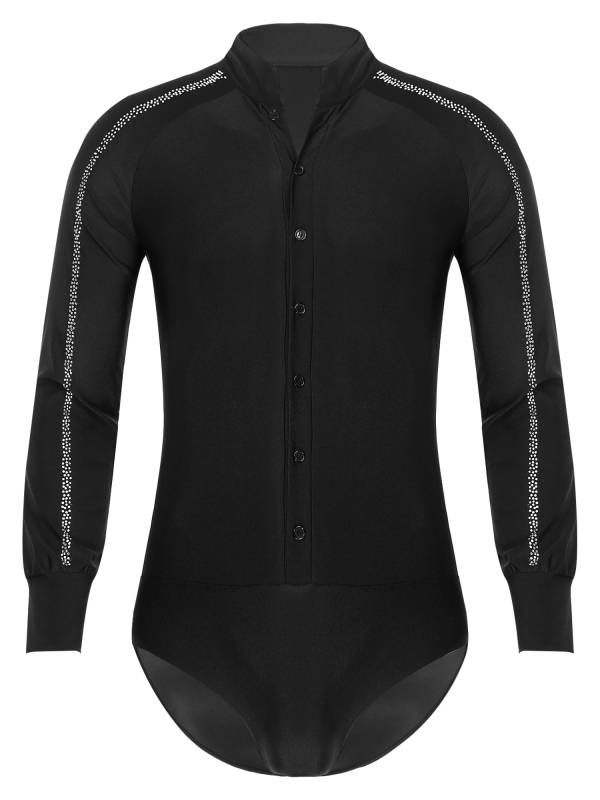 Men Long Sleeve Stand Collar Front Button Rhinestones Latin Dance Leotard thumb