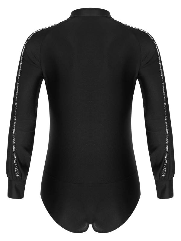 Men Long Sleeve Stand Collar Front Button Rhinestones Latin Dance Leotard thumb