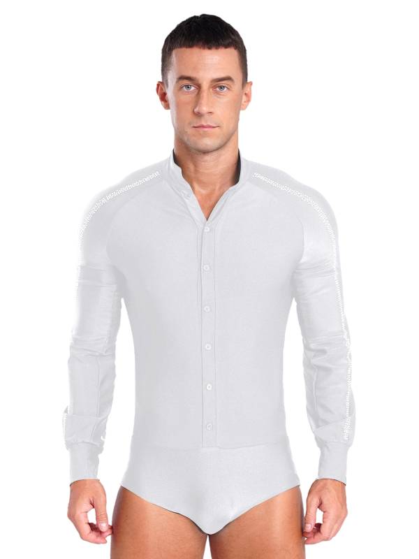 Men Long Sleeve Stand Collar Front Button Rhinestones Latin Dance Leotard thumb