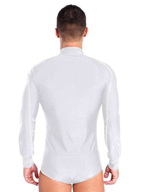 Men Long Sleeve Stand Collar Front Button Rhinestones Latin Dance Leotard thumb