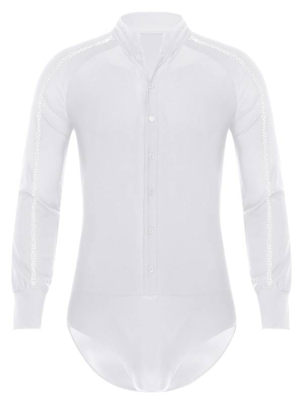 Men Long Sleeve Stand Collar Front Button Rhinestones Latin Dance Leotard thumb
