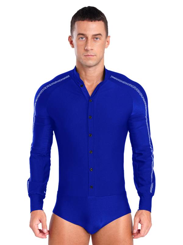 Men Long Sleeve Stand Collar Front Button Rhinestones Latin Dance Leotard thumb