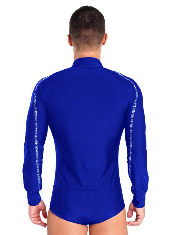 Men Long Sleeve Stand Collar Front Button Rhinestones Latin Dance Leotard thumb