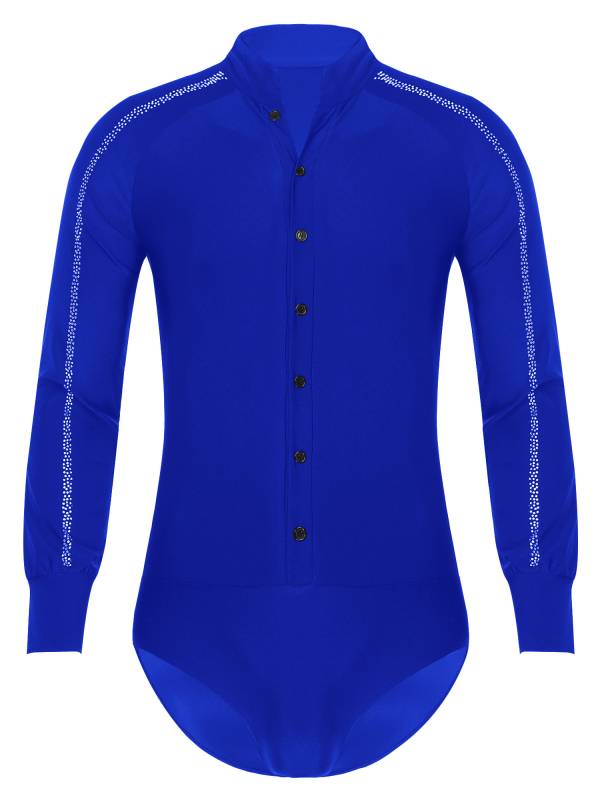 Men Long Sleeve Stand Collar Front Button Rhinestones Latin Dance Leotard thumb