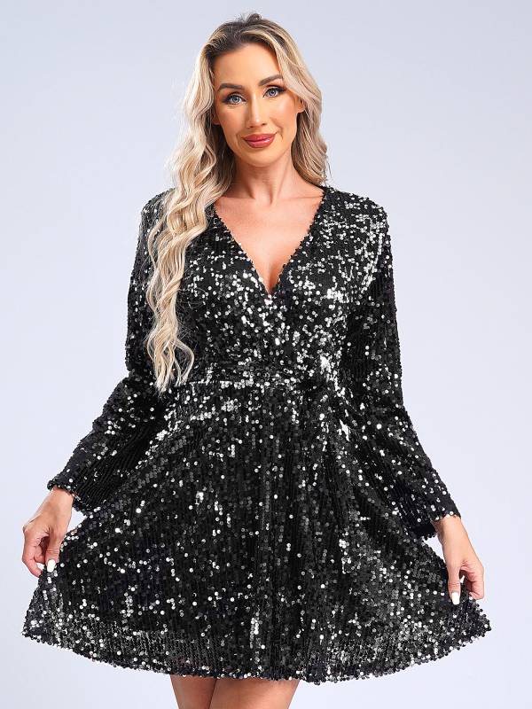 Women Long Sleeve V-neck Solid Color Sequins A-line Cocktail Dress thumb
