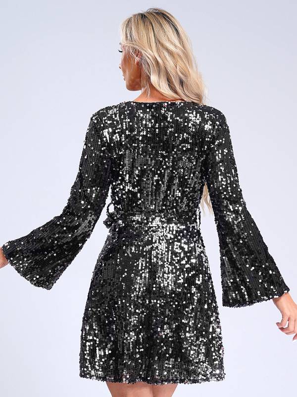 Women Long Sleeve V-neck Solid Color Sequins A-line Cocktail Dress thumb