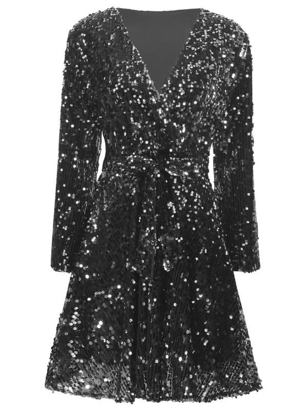 Women Long Sleeve V-neck Solid Color Sequins A-line Cocktail Dress thumb