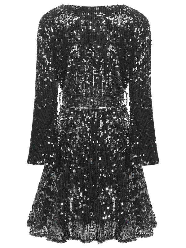Women Long Sleeve V-neck Solid Color Sequins A-line Cocktail Dress thumb