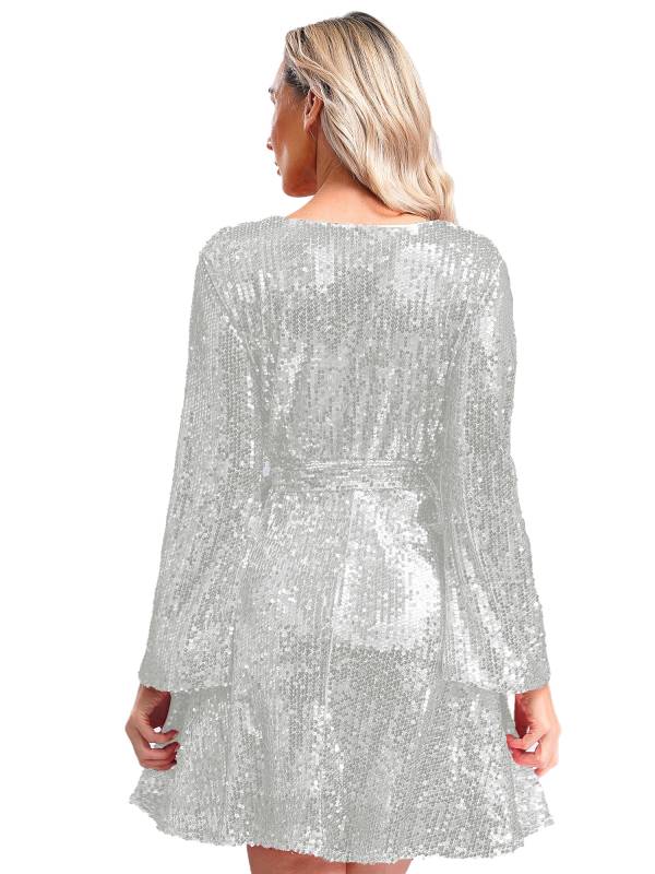 Women Long Sleeve V-neck Solid Color Sequins A-line Cocktail Dress thumb