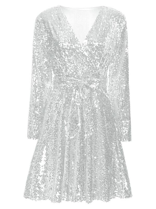 Women Long Sleeve V-neck Solid Color Sequins A-line Cocktail Dress thumb