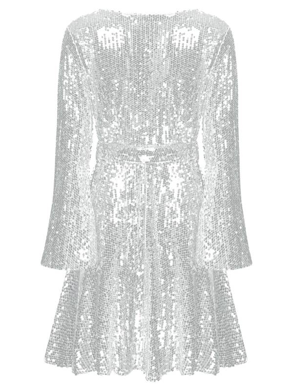 Women Long Sleeve V-neck Solid Color Sequins A-line Cocktail Dress thumb