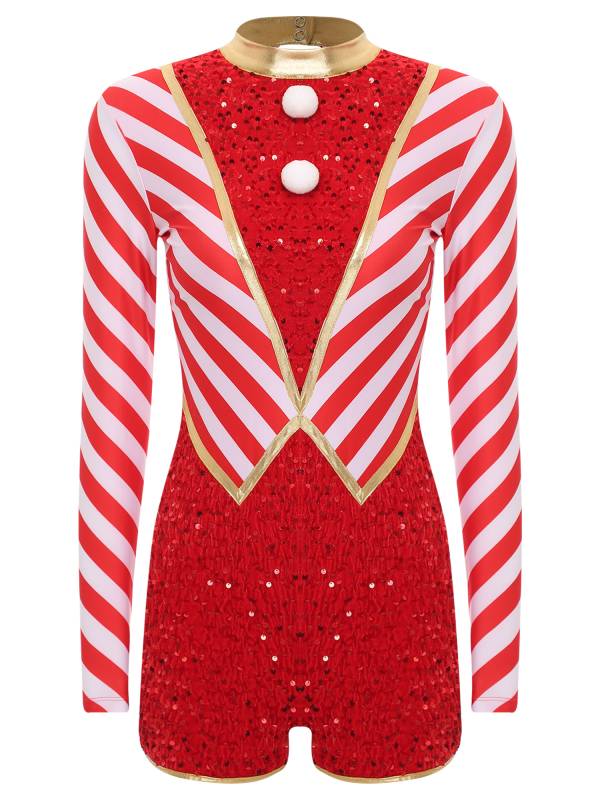 Women Long Sleeve Stripes Sequins Romper Christmas Candy Cane Costume thumb