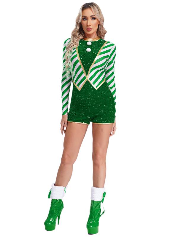 Women Long Sleeve Stripes Sequins Romper Christmas Candy Cane Costume thumb