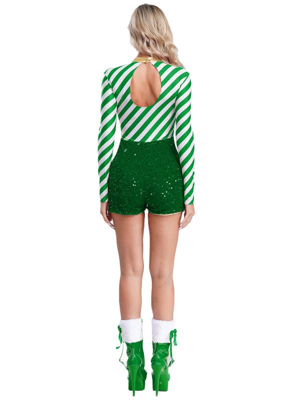 Women Long Sleeve Stripes Sequins Romper Christmas Candy Cane Costume thumb