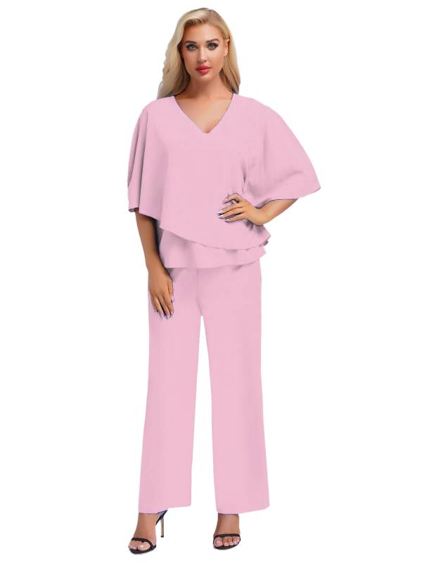 Women 2pcs Half Sleeve V-neck Tops and Pants Set for Party thumb